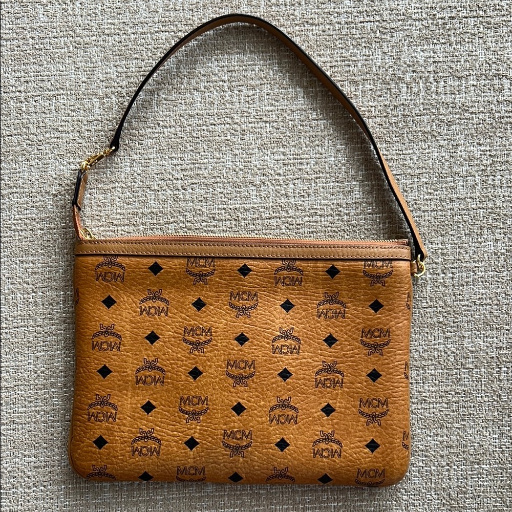 MCM Tan Visetos Patterned Shoulder Bag